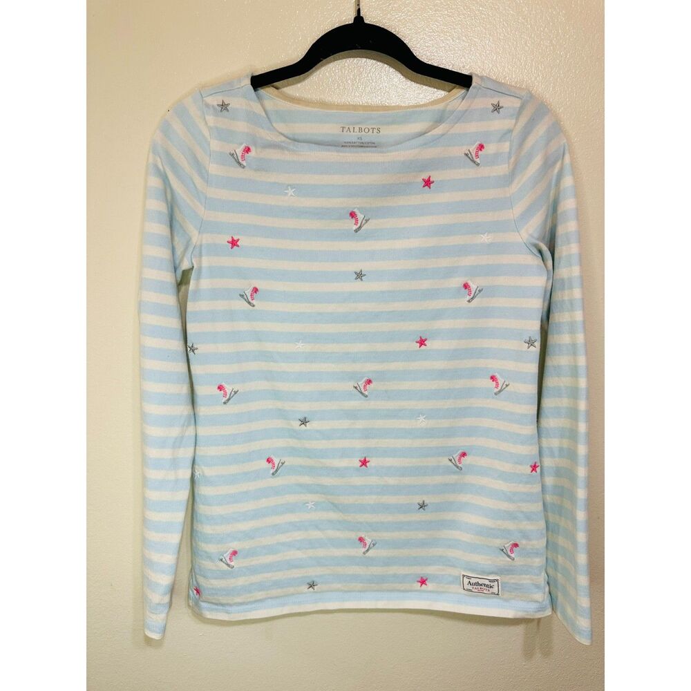 Talbots Womens Blue/White Striped Ice Skates Embroidered Long Sleeve Tee Size XS